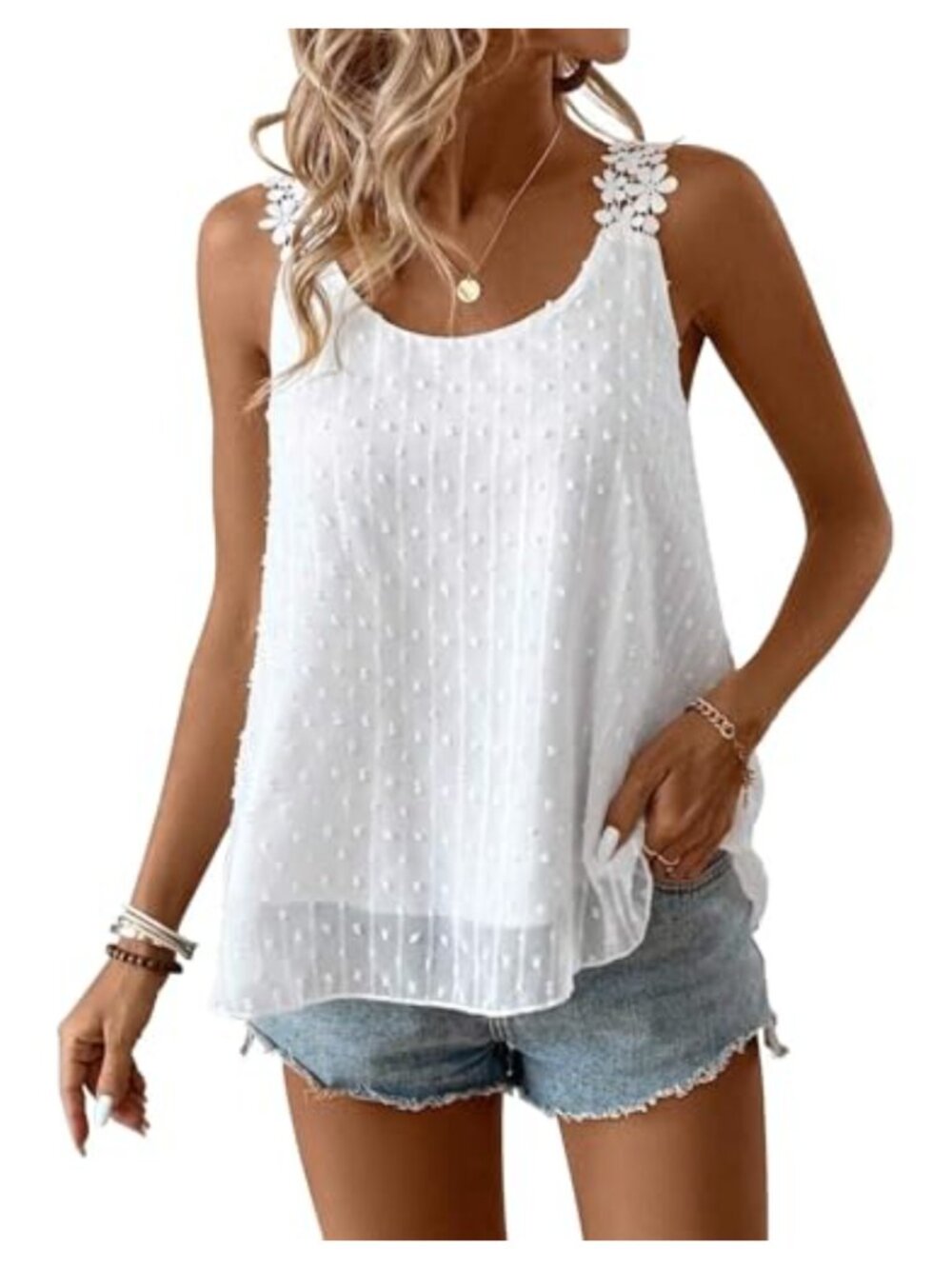 Women's Sleeveless Boho Tank Top with Lace Floral Straps Swiss Dot Polyester